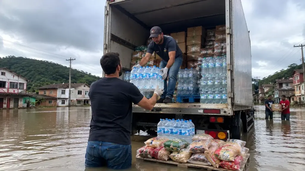 Caminhoneiro catarinense termina entrega de trabalho em São Paulo e, em vez de voltar com o caminhão vazio para casa, coloca o veículo à disposição para carregar doações e levar alimentos e mantimentos às famílias atingidas pelas enchentes em SC Caminhoneiro catarinense termina entrega de trabalho em São Paulo e, em vez de voltar com o caminhão vazio para casa, coloca o veículo à disposição para carregar doações e levar alimentos e mantimentos às famílias atingidas pelas enchentes em SC