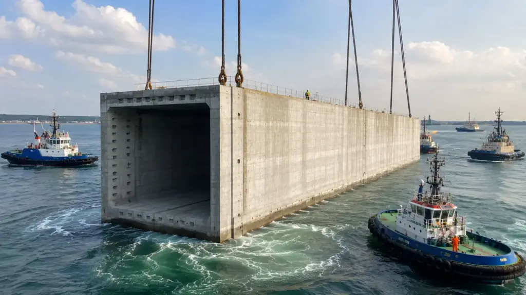 Alemanha e Dinamarca despejam no mar 89 blocos gigantes de concreto para construir túnel de 18 km, incluindo 79 peças de 217 metros que vão reduzir viagem a 10 minutos de carro e 7 de trem