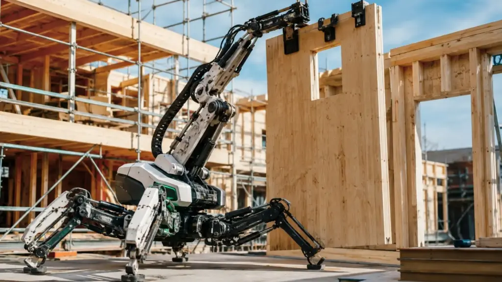 Escassez de mão de obra muda os canteiros de obras: operários trocam parte da montagem manual por uma máquina chamada Mantis, que usa IA no lugar de ajustes de carpintaria e promete encaixar componentes em menos de um minuto, reduzindo em até 50% o prazo da construção