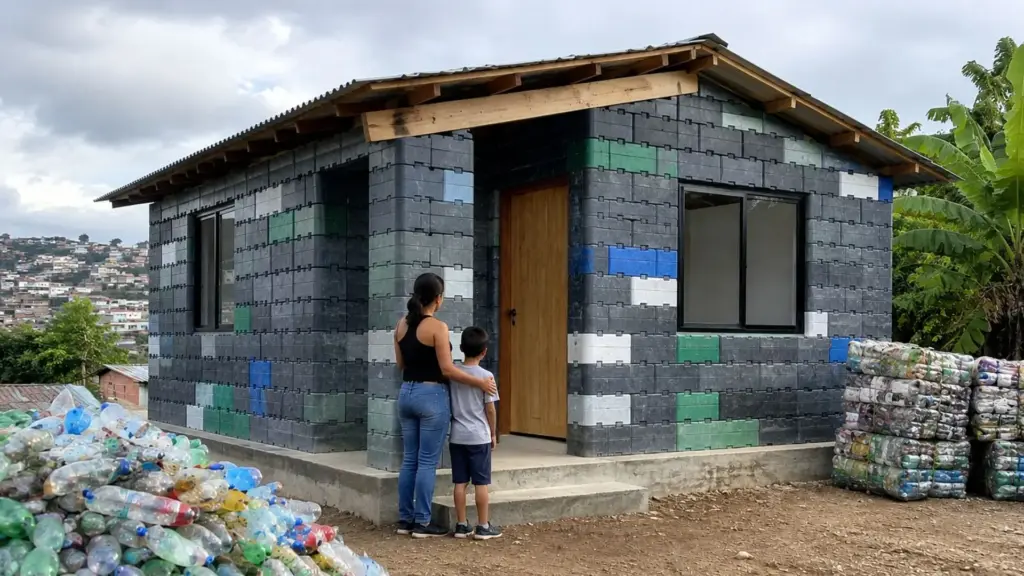 Tijolos com os dias contados: empregada doméstica recebe casa pré-fabricada com blocos de plástico reciclado erguida em dois dias.