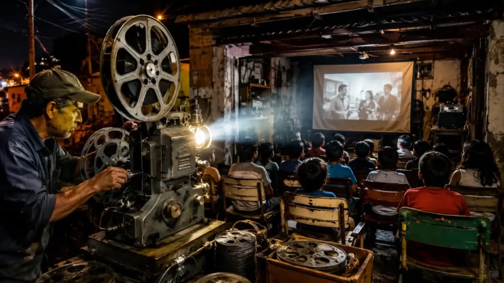 Catador encontrou rolos de filme e uma carcaça de projetor no lixo em Taboão da Serra, comprou uma máquina de 16 mm por R$ 80, montou um cinema na garagem e passou a oferecer sessões e pipoca grátis para crianças da periferia Catador encontrou rolos de filme e uma carcaça de projetor no lixo em Taboão da Serra, comprou uma máquina de 16 mm por R$ 80, montou um cinema na garagem e passou a oferecer sessões e pipoca grátis para crianças da periferia