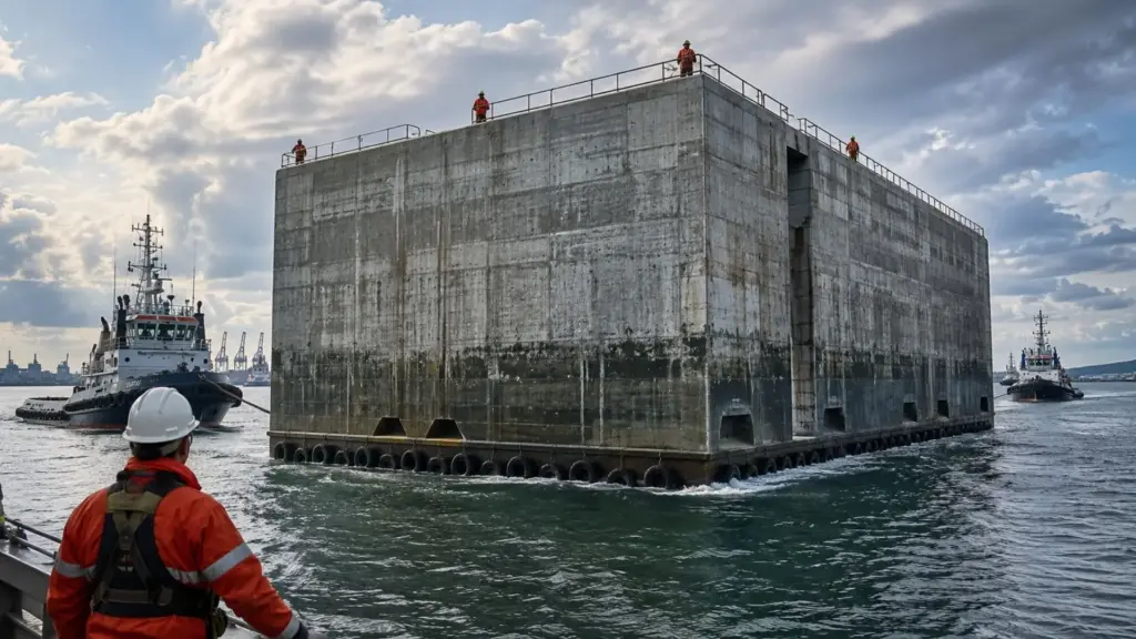 Polônia vai afundar 24 “prédios de concreto” de 4.400 toneladas cada no mar, leva estruturas de até 5 andares em pontão submersível e começa a montar uma muralha marítima de 1,3 km com precisão centimétrica