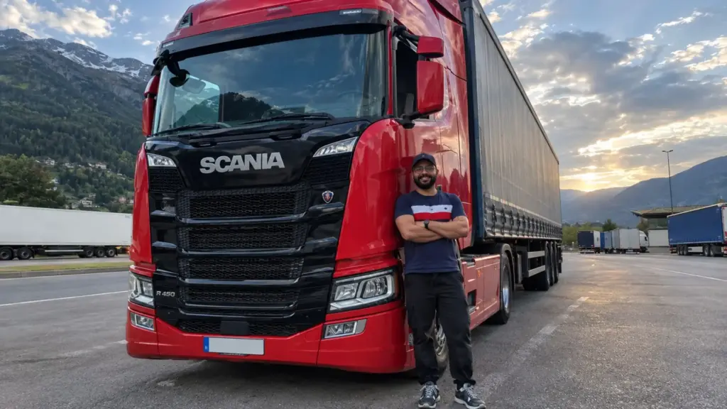 Ele tinha caminhão próprio no Brasil, mudou-se para a Europa, passou 1 ano e 10 meses em uma fábrica e quase 2 anos entre documentos, troca da CNH, CAM de 140 horas e provas até virar caminhoneiro e hoje cruza Portugal, Espanha, França e Inglaterra no transporte internacional, depois de trabalhar de dia e estudar à noite para entrar na profissão