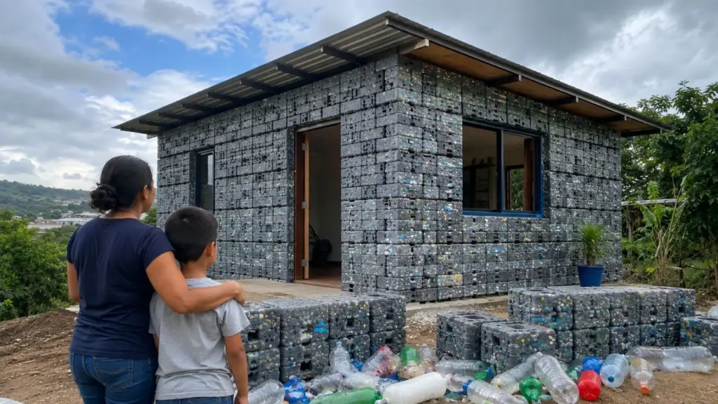 Adeus tijolos: após 9 anos, faxineira que juntou dinheiro para comprar um terreno e criar o filho ergue casa com 7 toneladas de plástico reciclado no lugar de tijolos para criar seus filhos