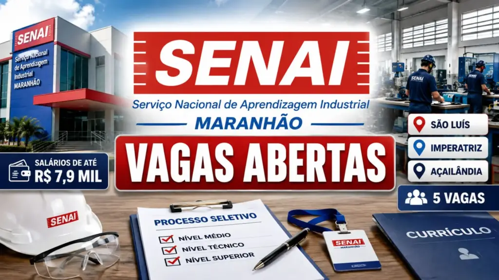 Trabalhe no Senai e ganhe R$ 7 mil: instituição convoca profissionais de níveis médio, técnico e superior para cinco vagas com benefícios, contratos por prazo indeterminado e oportunidades em três cidades do Maranhão