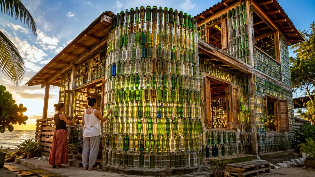 Mãe e filha reciclaram 8 mil garrafas para construir uma casa e, 5 anos depois, transformaram resíduos recolhidos no litoral em 7 cômodos com paredes que deixam a luz criar cores e reflexos no interior