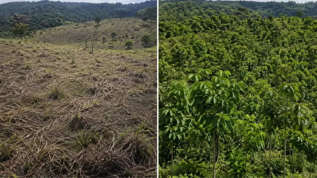 Cientistas espalham cerca de 100 toneladas de polpa de café em área tomada pelo capim e, passados 2 anos, árvores cobriam mais de 80% do terreno