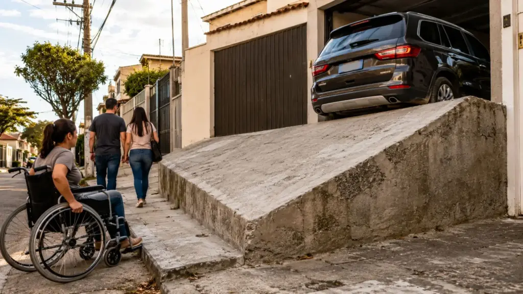 Morador constrói rampa de concreto colossal na calçada para facilitar acesso de SUV, cria degrau de 25 cm, provoca quedas, impede cadeirantes de passar e acaba multado pela prefeitura, que exige demolição da estrutura Morador constrói rampa de concreto colossal na calçada para facilitar acesso de SUV, cria degrau de 25 cm, provoca quedas, impede cadeirantes de passar e acaba multado pela prefeitura, que exige demolição da estrutura