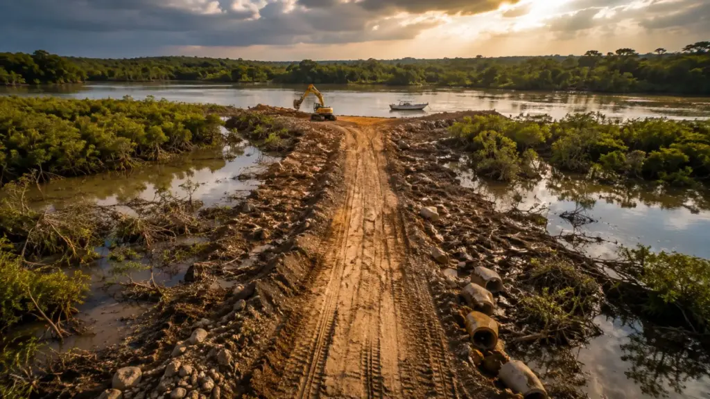 Homem constrói estrada de 2 km dentro de parque nacional para pescar, destrói cerca de 19 mil m² de áreas alagadas, ignora advertências ambientais e recebe multa de US$ 145 mil na Austrália Homem constrói estrada de 2 km dentro de parque nacional para pescar, destrói cerca de 19 mil m² de áreas alagadas, ignora advertências ambientais e recebe multa de US$ 145 mil na Austrália