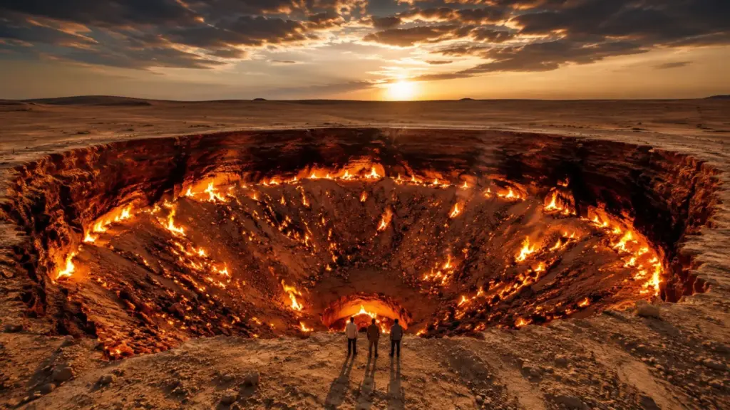 A “Porta do Inferno” de 70 metros que queima há décadas no Turcomenistão está mudando: satélites colocam em xeque a história de 1971 e revelam quando o fogo provavelmente começou, enquanto as chamas encolhem