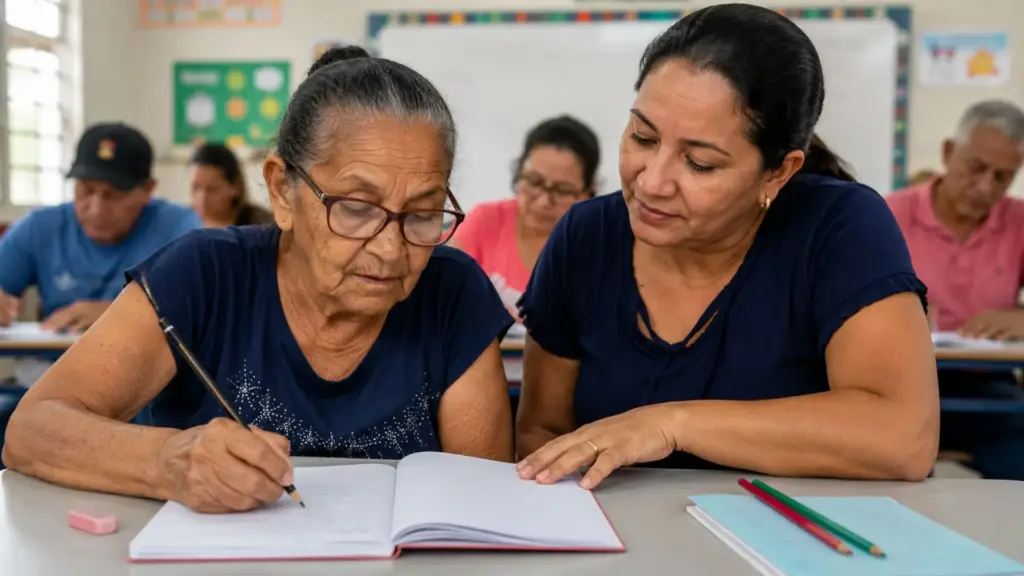 Depois de criar os filhos trabalhando como vendedora por 48 anos sem saber ler, mãe de 74 anos voltou à escola pela EJA incentivada pela filha professora, aprendeu a escrever o próprio nome e viveu a emoção de se tornar aluna dela dentro da sala