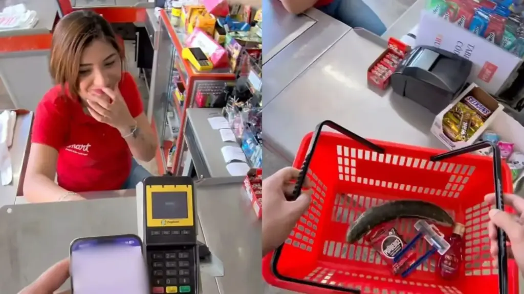 Influenciador faz pegadinha em supermercado enquanto já está diante do caixa e faz funcionária tentar manter a seriedade enquanto registra a compra inusitada; vídeo passa de 1,1 milhão de visualizações