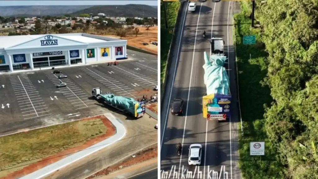 Dono da megaloja Havan mandou uma Estátua da Liberdade de 8 toneladas e 24 metros viajar 1,4 mil quilômetros até Goiás, e o destino é a nova loja de R$ 100 milhões em Caldas Novas Dono da megaloja Havan mandou uma Estátua da Liberdade de 8 toneladas e 24 metros viajar 1,4 mil quilômetros até Goiás, e o destino é a nova loja de R$ 100 milhões em Caldas Novas