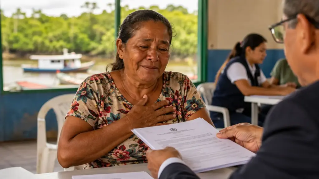 Moradora de comunidade a 7 horas de barco da cidade chorou diante do juiz ao ouvir que o INSS teria de implantar sua aposentadoria rural; aos 56 anos, ela disse que queria o benefício para construir a própria casa e sobreviver, no Marajó