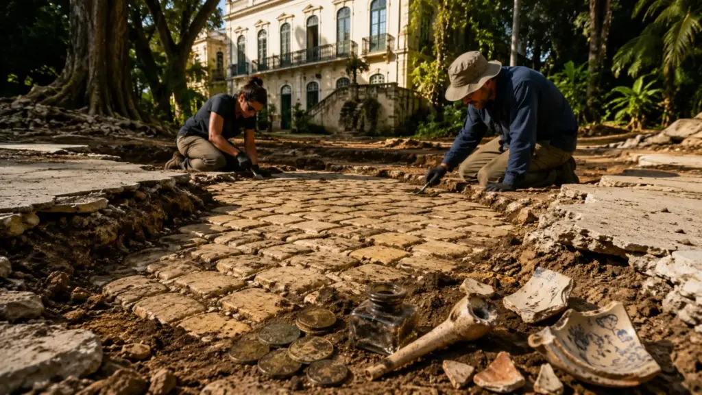Equipe inicia a restauração do jardim de uma casa construída em 1850 no Rio e, ao remover pisos de cimento, encontra paralelepípedos nunca identificados na iconografia; durante a escavação, arqueólogos recolhem moedas, tinteiro, cachimbo e cerâmicas