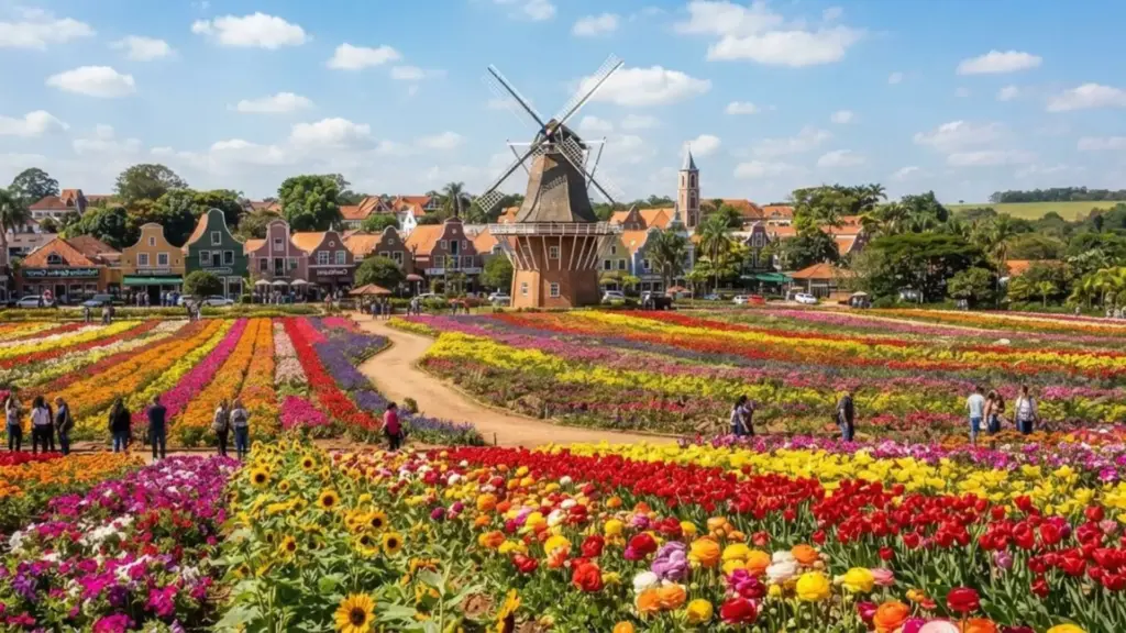 Cidade mais florida do Brasil surpreende o mundo com mais de 300 hectares estimados de plantações, moinho de 38 metros, herança holandesa desde 1948 e evento que exibe mais de mil variedades