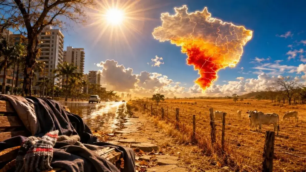Inmet monitora possível onda de calor no Brasil em meio ao inverno, com máximas que podem alcançar 40°C no Centro-Oeste, 38°C no Norte do Paraná e até 35°C em áreas do Sul, enquanto a baixa umidade e o afastamento da massa de ar frio favorecem a rápida elevação das temperaturas