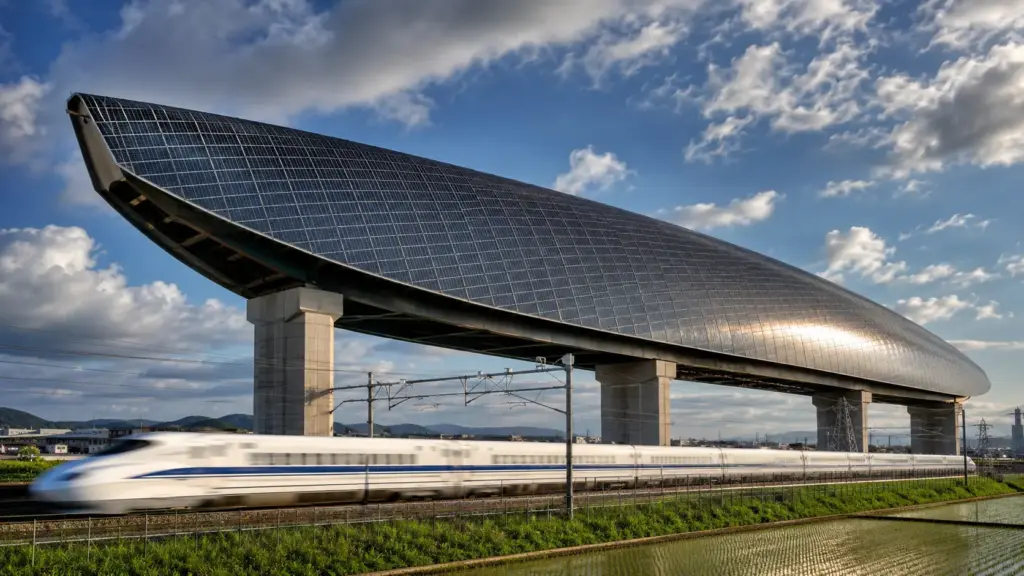 Japão construiu uma gigantesca arca solar de 315 metros, cobriu a estrutura com 5.046 painéis, deixou apenas quatro pilares sustentando o conjunto e instalou um museu em seu interior