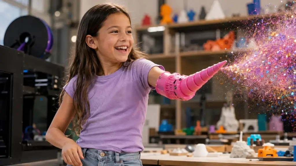 Aos 10 anos, menina que nasceu sem parte do braço esquerdo usou impressão 3D para criar uma prótese de unicórnio que dispara glitter e questiona estereótipos sobre deficiência