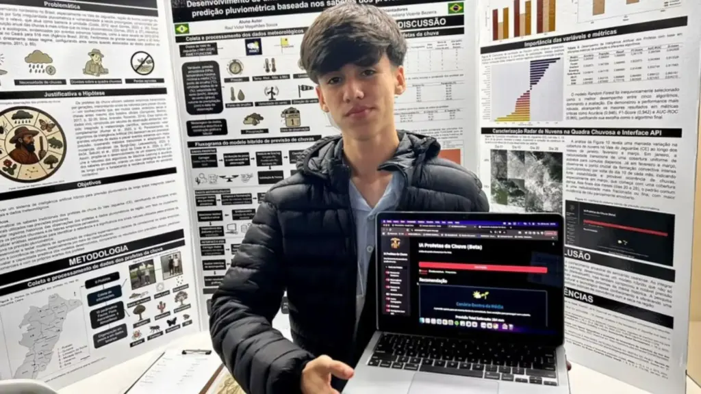 Jovem cearense de 16 anos transforma a sabedoria do avô em tecnologia, alcança 94,5% de precisão nos testes e cria sistema capaz de orientar decisões de plantio entre famílias afetadas pela irregularidade das chuvas no interior do estado do Ceará Jovem cearense de 16 anos transforma a sabedoria do avô em tecnologia, alcança 94,5% de precisão nos testes e cria sistema capaz de orientar decisões de plantio entre famílias afetadas pela irregularidade das chuvas no interior do estado do Ceará