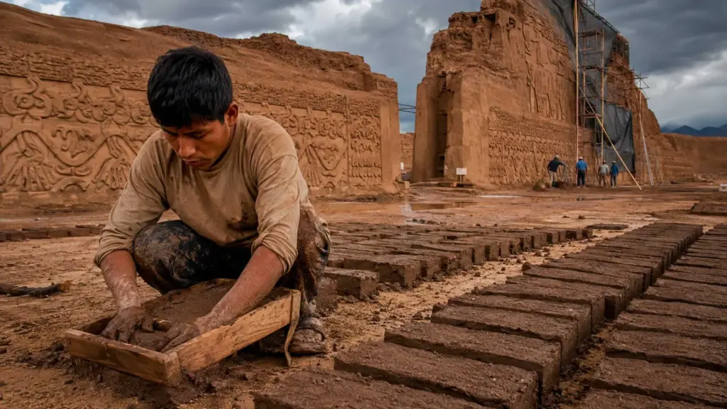 Jovem começou a trabalhar em olarias ainda na infância, aprendeu a escolher a terra e controlar a água, trocou a fabricação comum de tijolos por blocos especiais com areia e pedrisco e há 15 anos ajuda a impedir que Chan Chan, a maior cidade de barro da América, desapareça Jovem começou a trabalhar em olarias ainda na infância, aprendeu a escolher a terra e controlar a água, trocou a fabricação comum de tijolos por blocos especiais com areia e pedrisco e há 15 anos ajuda a impedir que Chan Chan, a maior cidade de barro da América, desapareça