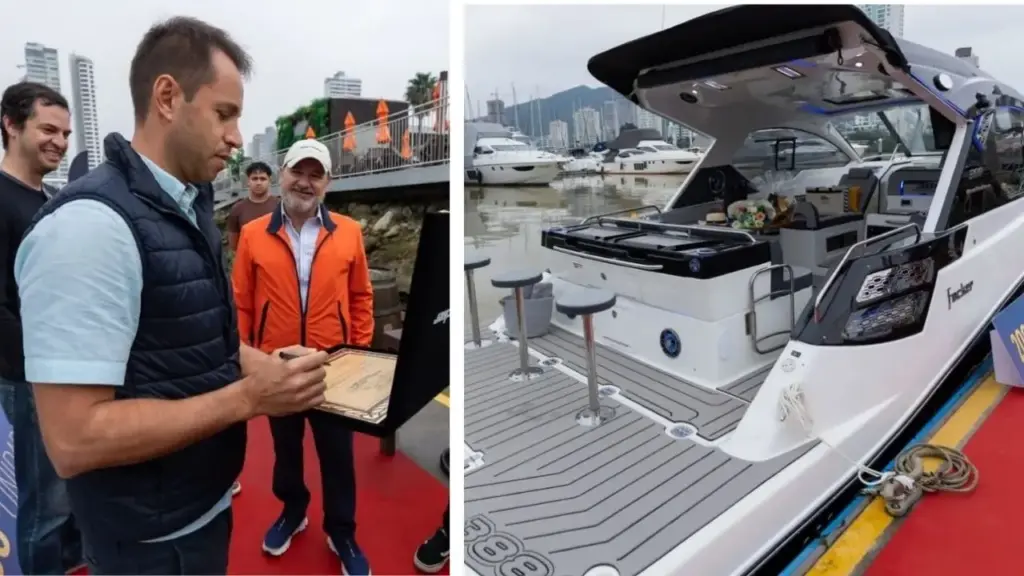 Lancha de R$ 2 milhões produzida em Itajaí chega à unidade número 200 após empresário trocar modelo menor por uma Focker 388 Gran Turismo de 38 pés, embarcação com plataforma hidráulica submergível, área gourmet ampliada e cockpit climatizável, enquanto fabricante catarinense acumula mais de 20 mil barcos vendidos no mundo