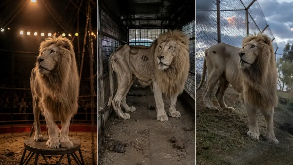 Leão obrigado a se apresentar em circos e dormir numa gaiola de apenas 2 por 5 metros na traseira de um caminhão passa anos sofrendo com fome, carne estragada, magreza extrema, salmonela e infecção de pele, vê dois companheiros morrerem sem comida e, após ser resgatado, é levado para um santuário na África do Sul, onde recupera a saúde e finalmente passa a viver ao lado de outros leões Leão obrigado a se apresentar em circos e dormir numa gaiola de apenas 2 por 5 metros na traseira de um caminhão passa anos sofrendo com fome, carne estragada, magreza extrema, salmonela e infecção de pele, vê dois companheiros morrerem sem comida e, após ser resgatado, é levado para um santuário na África do Sul, onde recupera a saúde e finalmente passa a viver ao lado de outros leões
