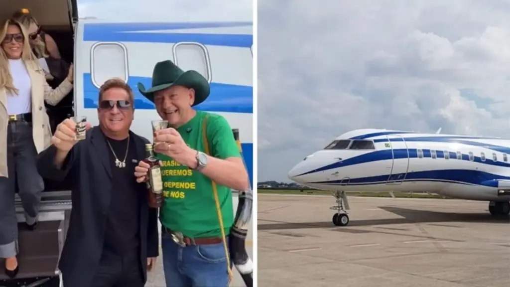 Leonardo pega carona com Luciano Hang em jato Bombardier Global 6000 avaliado em R$ 250 milhões, capaz de voar cerca de 11 mil quilômetros sem escalas, transportar até 15 passageiros e atingir velocidade de cruzeiro próxima de 950 km/h, no mesmo dia em que o sertanejo se apresentou em Brusque