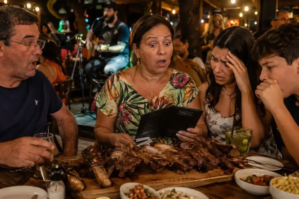 Mãe entende no barulho da música ao vivo que a tábua de costela custava R$ 299, acha barato e pede, família descobre na hora de pagar que o prato era R$ 799 e a farra saiu por R$ 1,2 mil