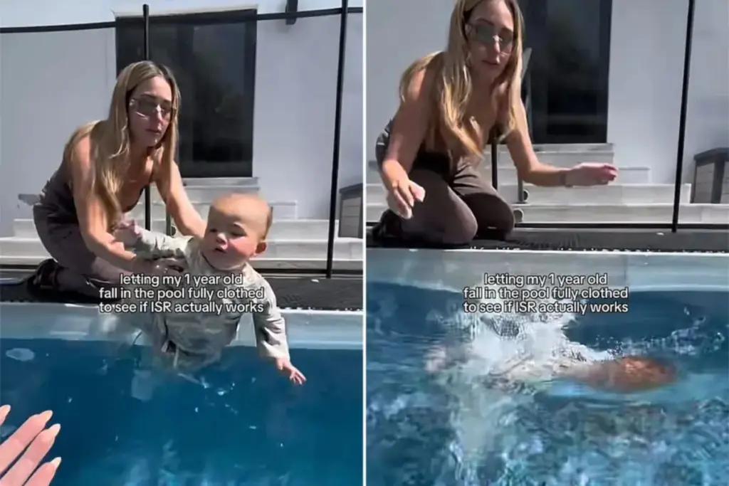 Mãe filmou o momento em que o filho de 1 ano caiu na piscina de tênis e roupa pesada e assustou as redes, até revelar que aquilo era a prova final de oito semanas de treino contra afogamento Mãe filmou o momento em que o filho de 1 ano caiu na piscina de tênis e roupa pesada e assustou as redes, até revelar que aquilo era a prova final de oito semanas de treino contra afogamento