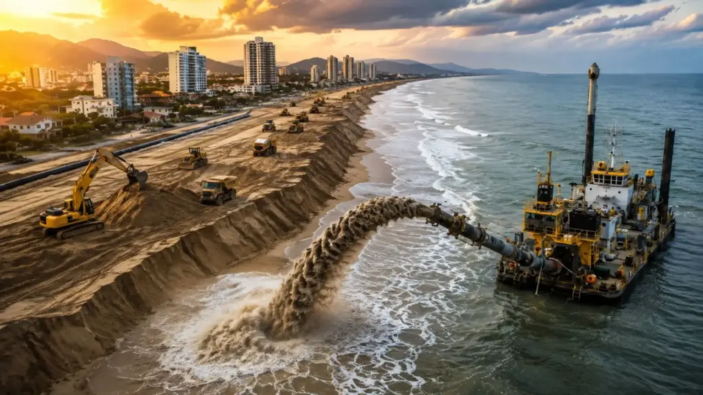 Maior alargamento de praia do Brasil chega a 98% em Itapoá após concluir 8,6 dos 8,8 quilômetros previstos, enquanto dragagem de R$ 333 milhões avança a 80% na Baía da Babitonga para abrir passagem a navios de até 366 metros e 16 mil TEUs Maior alargamento de praia do Brasil chega a 98% em Itapoá após concluir 8,6 dos 8,8 quilômetros previstos, enquanto dragagem de R$ 333 milhões avança a 80% na Baía da Babitonga para abrir passagem a navios de até 366 metros e 16 mil TEUs
