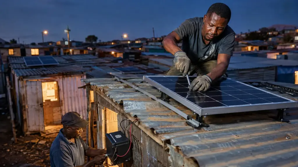 Mais de 2 mil barracos sem ligação regular de energia receberam painéis solares, baterias e iluminação na África do Sul, enquanto moradores aprendiam a instalar, cobrar e manter os sistemas Mais de 2 mil barracos sem ligação regular de energia receberam painéis solares, baterias e iluminação na África do Sul, enquanto moradores aprendiam a instalar, cobrar e manter os sistemas