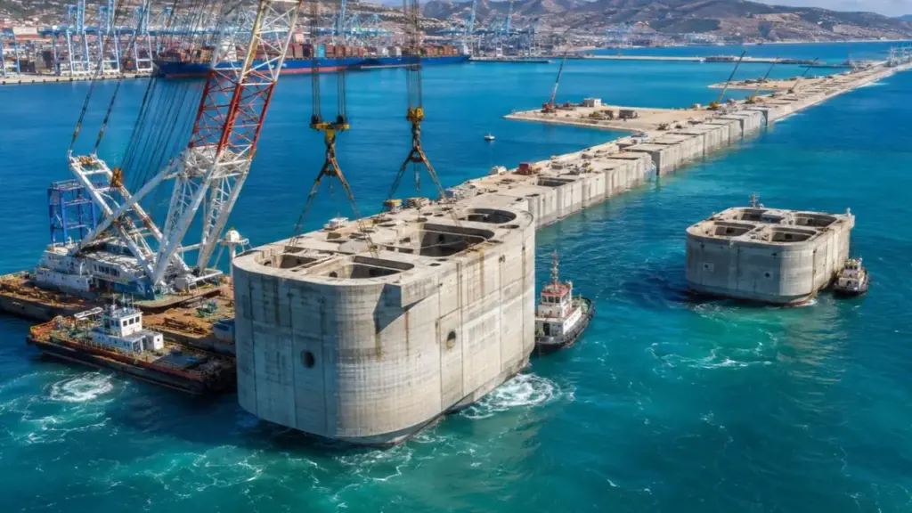 Marrocos lançou 106 caixões gigantes de concreto no Mediterrâneo, alinhou estruturas em águas de até 35 metros de profundidade e ergueu 4,4 quilômetros de muralhas marítimas para ampliar Tanger Med, criando capacidade extra para mais 5,2 milhões de contêineres por ano