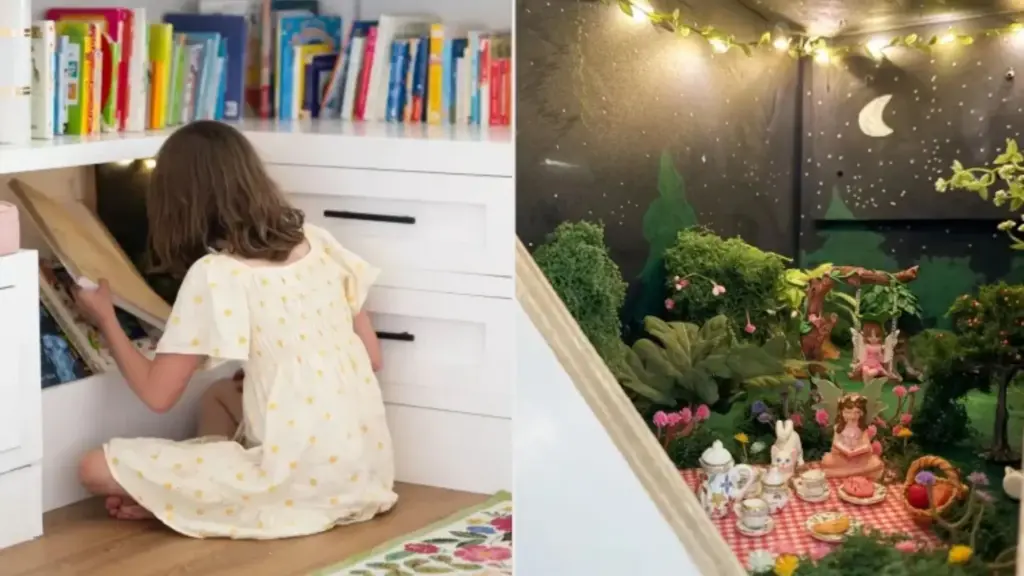 Meninas escolheram dividir o mesmo quarto para ganhar uma biblioteca, sem imaginar que os pais esconderiam sob as estantes uma floresta de fadas com árvores feitas à mão, estrelas que brilham no escuro e lembranças espalhadas em cada pequeno detalhe