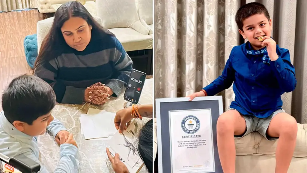 Aos 5 anos, menino que cresceu cercado por livros e brinquedos de dinossauros treina todos os dias, aprende a reconhecer dezenas de espécies, identifica 46 em apenas 1 minuto, supera marca de 41 e conquista recorde mundial do Guinness
