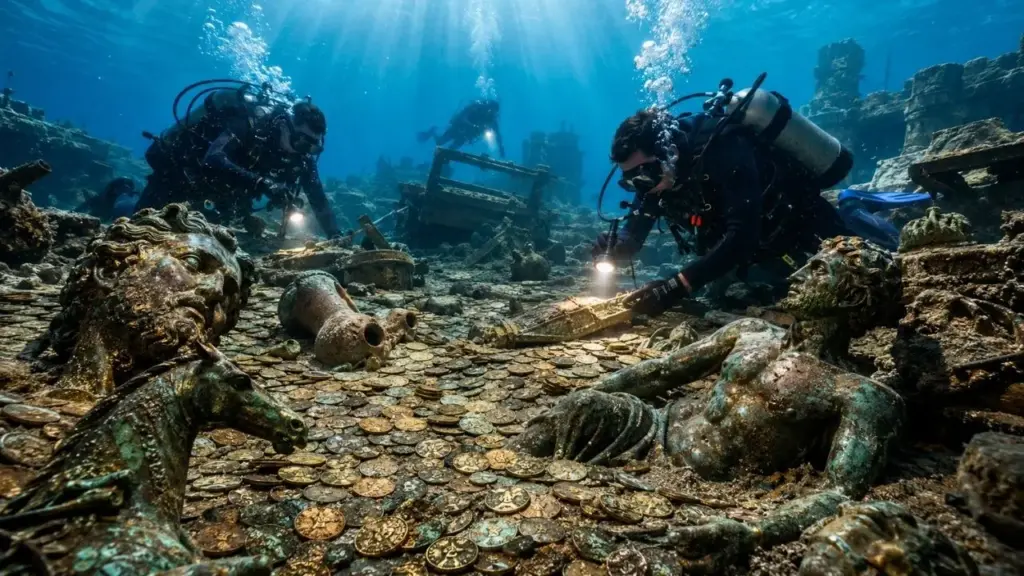 Mergulhadores recreativos encontram naufrágio de 1.600 anos na costa de Israel e revelam milhares de moedas, estátuas de bronze de deuses e animais e fragmentos em tamanho real, em descoberta classificada pela autoridade de antiguidades como a maior operação subaquática do país em três décadas perto do antigo porto romano de Cesareia