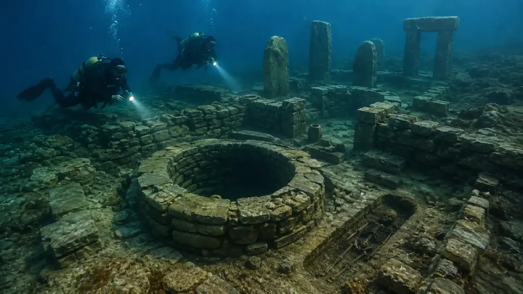 Mergulhadores encontram a até 12 metros de profundidade uma aldeia de cerca de 9 mil anos onde ainda sobrevivem fundações de casas de pedra, um poço de 5,7 metros, estruturas megalíticas e dezenas de sepulturas humanas