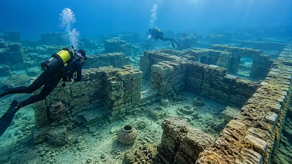Mergulhadores encontram no fundo do Mediterrâneo uma aldeia de cerca de 7 mil anos onde ainda sobrevivem estruturas de casas, restos humanos e uma muralha de mais de 100 metros construída quando o avanço do mar começou a ameaçar os moradores