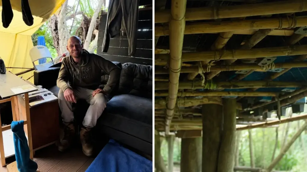 Morador de rua constrói casa completa no alto de árvore e coloca cozinha, sofá, varanda e até chuveiro dentro do abrigo improvisado que criou para escapar das noites ao relento em área de mata na Nova Zelândia durante um ano Morador de rua constrói casa completa no alto de árvore e coloca cozinha, sofá, varanda e até chuveiro dentro do abrigo improvisado que criou para escapar das noites ao relento em área de mata na Nova Zelândia durante um ano