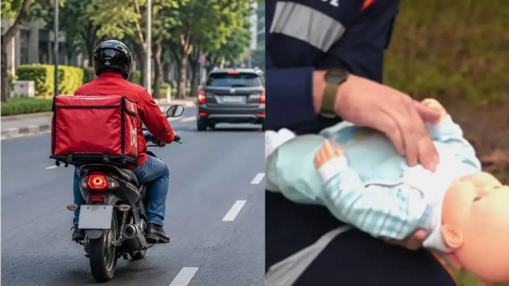 Motoboy chegou para entregar uma pizza e ouviu gritos de desespero em um prédio de Francisco Beltrão; segundos depois, estava com uma bebê desacordada nos braços, fez a manobra de desengasgo, salvou a criança sem se identificar e voltou para a rua para continuar trabalhando