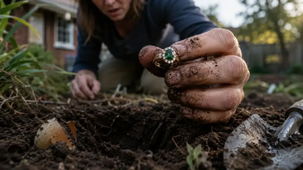 Mulher cava um canteiro no jardim de casa, vê algo brilhando no meio da terra e pensa que era apenas um pedaço de lata, mas descobre um anel de ouro 18 quilates com diamantes verdadeiros e uma esmeralda criada em laboratório que pode ter ficado enterrado ali por décadas Mulher cava um canteiro no jardim de casa, vê algo brilhando no meio da terra e pensa que era apenas um pedaço de lata, mas descobre um anel de ouro 18 quilates com diamantes verdadeiros e uma esmeralda criada em laboratório que pode ter ficado enterrado ali por décadas