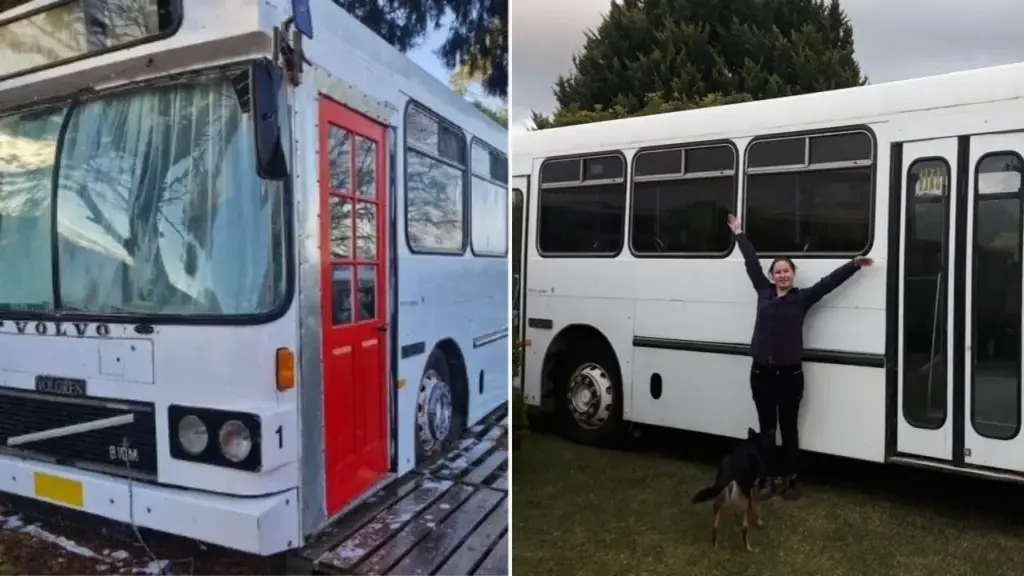 Mulher comprou um antigo ônibus pelo Facebook Marketplace, passou cerca de um ano fazendo 98% da reforma sozinha, gastou US$ 15 mil e transformou o veículo que circulava por Melbourne em uma minicasa com quarto, banheiro, cozinha, aquecedor a lenha, bancada de pedra e deck feito com paletes