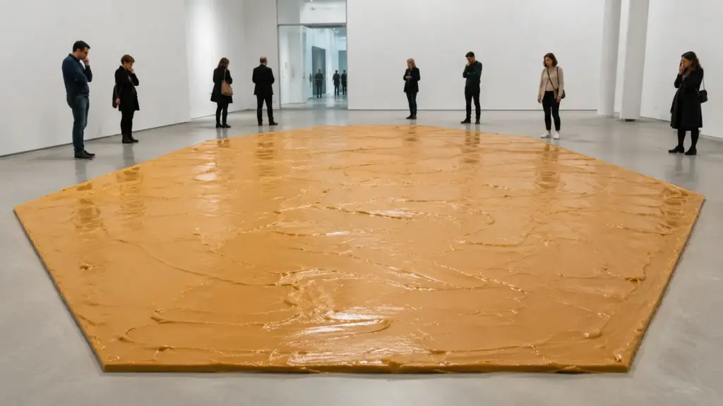 Museu holandês cobre 25 metros quadrados com mais de 360 quilos de pasta de amendoim, usa 40 baldes e cria obra equivalente a 15 mil sanduíches Museu holandês cobre 25 metros quadrados com mais de 360 quilos de pasta de amendoim, usa 40 baldes e cria obra equivalente a 15 mil sanduíches