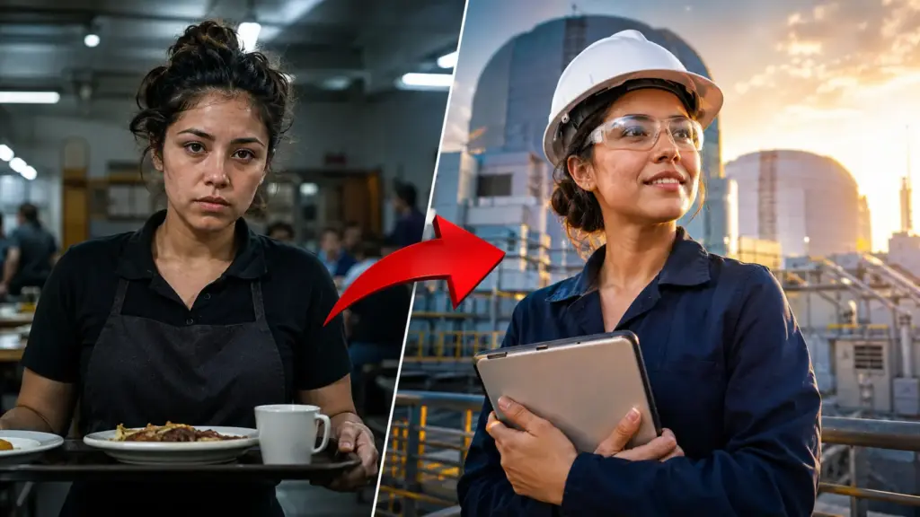 Ela servia bandejas na cafeteria de uma instalação nuclear, ficou sem emprego, recuperou o auxílio financeiro, estudou engenharia em tempo integral enquanto sustentava a família e voltou anos depois contratada como engenheira