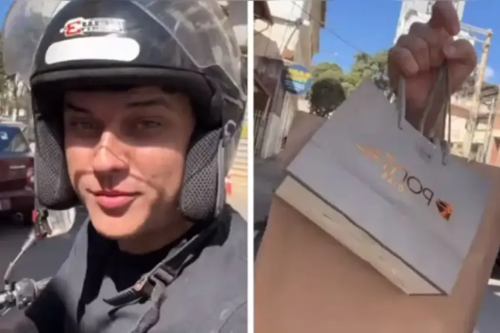 No primeiro dia de trabalho como motoboy, jovem aceita a primeira entrega particular da carreira, percorre o trajeto sem desconfiar de nada, chega ao endereço e descobre que os presentes que carregava eram para a própria ex-namorada, o vídeo viralizou