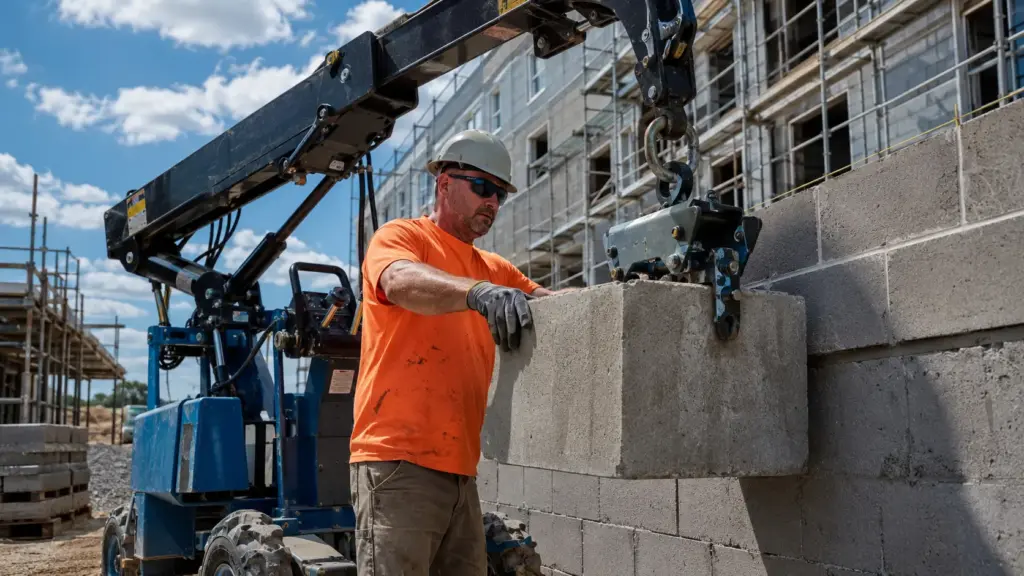 Pedreiro passa a mover sozinho blocos de concreto de até 68 quilos em Illinois com braço mecânico que sustenta a carga antes levantada por dois homens Pedreiro passa a mover sozinho blocos de concreto de até 68 quilos em Illinois com braço mecânico que sustenta a carga antes levantada por dois homens
