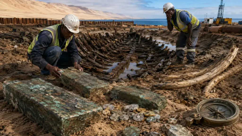 Mineradores drenavam uma área de diamantes na Namíbia quando encontraram uma nau portuguesa desaparecida em 1533, enterrada havia quase 500 anos com mais de 40 toneladas de carga, 1.845 lingotes de cobre, milhares de moedas e mais de 100 presas de elefante Mineradores drenavam uma área de diamantes na Namíbia quando encontraram uma nau portuguesa desaparecida em 1533, enterrada havia quase 500 anos com mais de 40 toneladas de carga, 1.845 lingotes de cobre, milhares de moedas e mais de 100 presas de elefante
