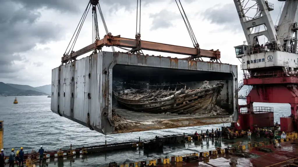 Navio de 800 anos ficou enterrado no fundo do mar até a China colocar o naufrágio dentro de uma caixa de aço de 5.500 toneladas, içar tudo de uma vez e levar até os sedimentos para dentro de um museu Navio de 800 anos ficou enterrado no fundo do mar até a China colocar o naufrágio dentro de uma caixa de aço de 5.500 toneladas, içar tudo de uma vez e levar até os sedimentos para dentro de um museu