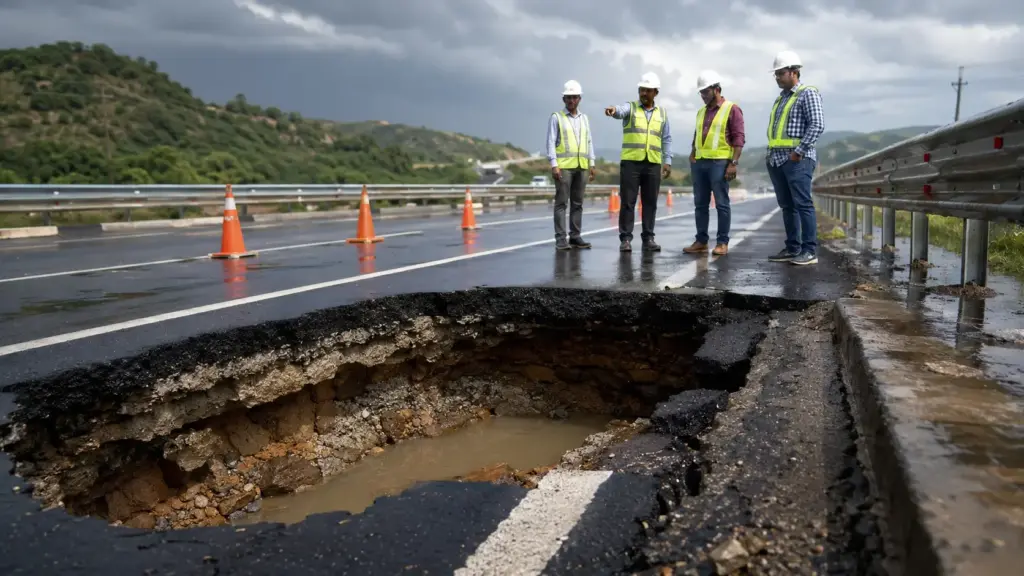 Índia apostou em novas rodovias, mas 19 projetos apresentaram colapsos, buracos e deformações em dois anos, governo demitiu 11 funcionários, puniu outros 11 e atingiu até a emblemática Delhi Mumbai Expressway Índia apostou em novas rodovias, mas 19 projetos apresentaram colapsos, buracos e deformações em dois anos, governo demitiu 11 funcionários, puniu outros 11 e atingiu até a emblemática Delhi Mumbai Expressway