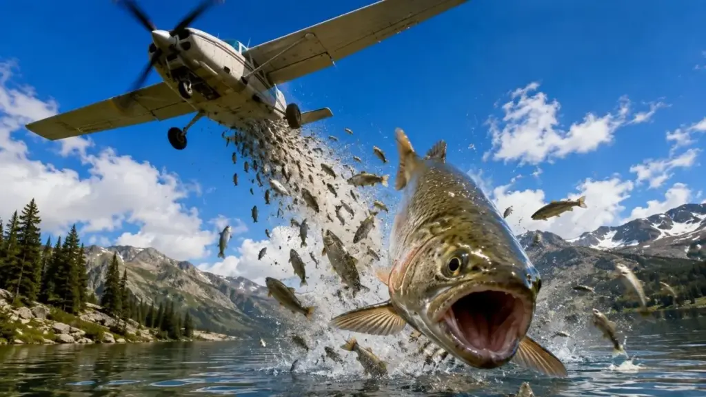 Os EUA lançaram milhões de peixes do céu em lagos isolados nas montanhas depois de décadas carregando trutas em cafeteiras, baldes, cavalos e mulas, transformaram milhares de águas naturalmente sem peixes em pontos de pesca e só depois perceberam que os novos predadores estavam eliminando anfíbios, insetos e outras espécies nativas
